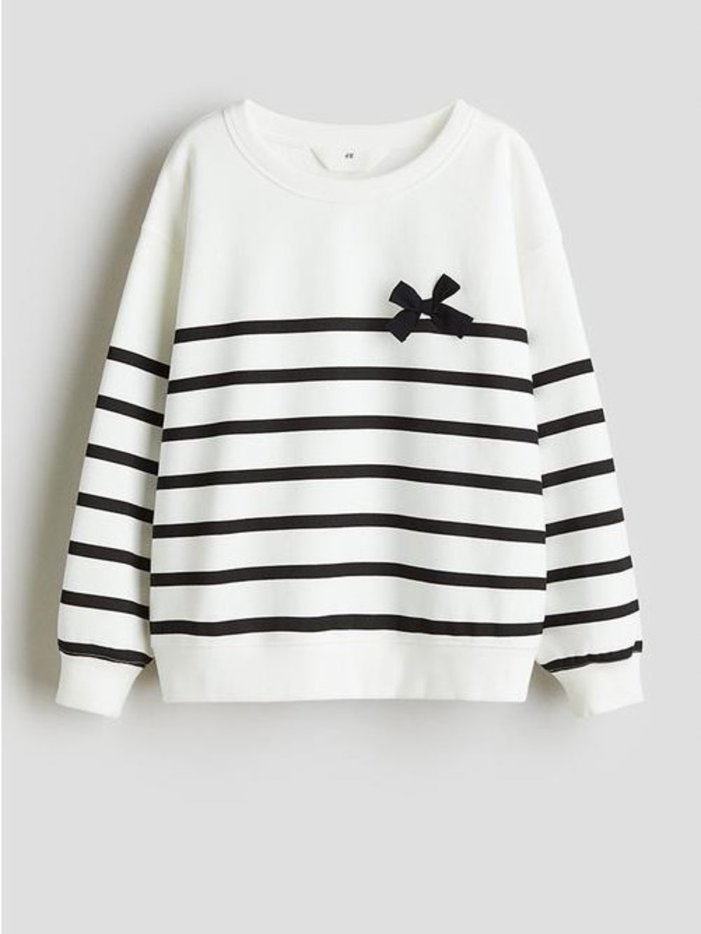 H&M Girls’ White Crewneck Sweatshirt with Black Stripes and Accent Bow